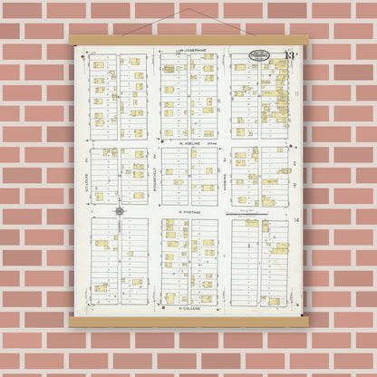 Old map wall art mockup — magnetic wood frame on brick wall — Sanborn Fire Insurance Map from Hibbing, Saint Louis County, Minnesota (1921), Sheet #0013