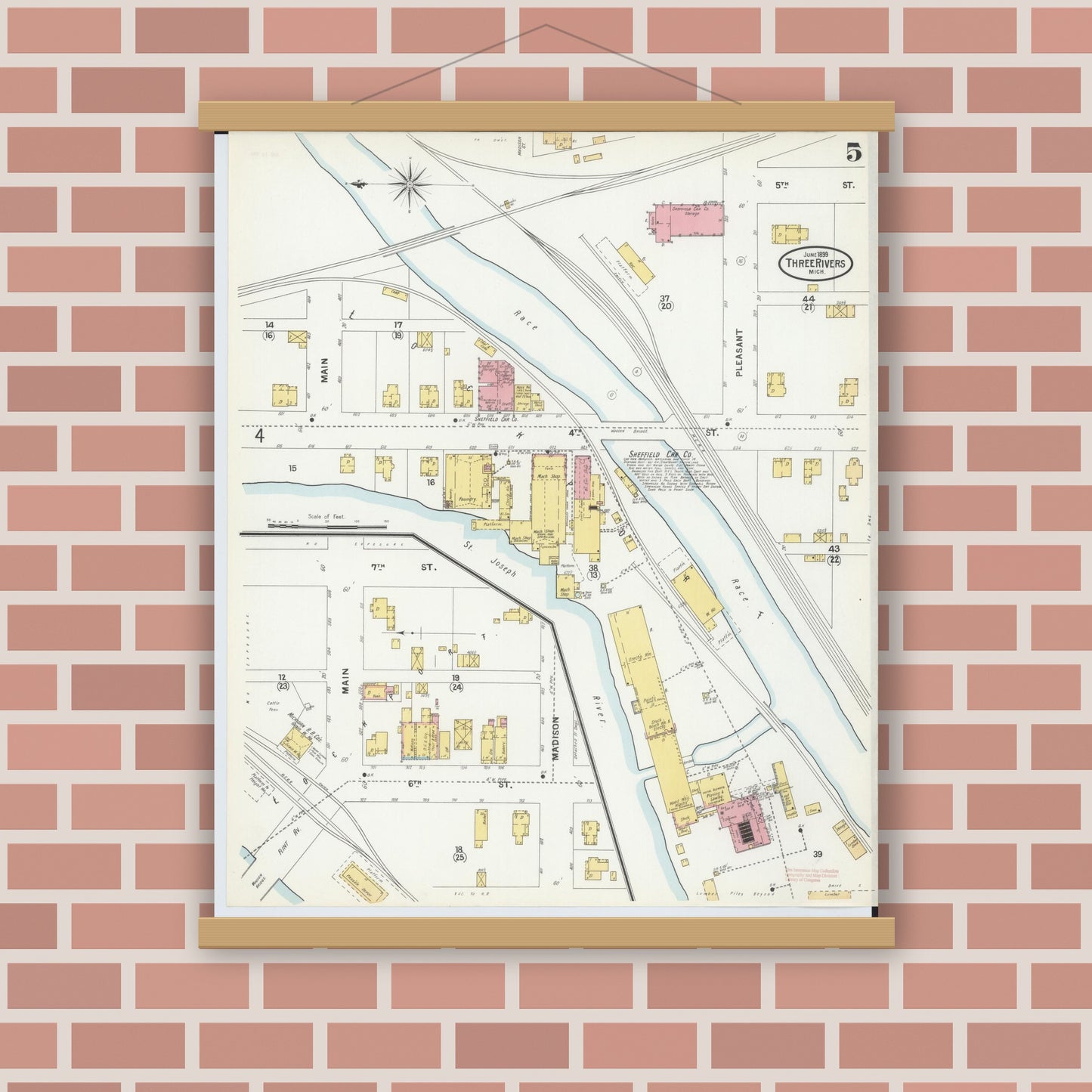 Old map wall art mockup — magnetic wood frame on brick wall — Sanborn Fire Insurance Map from Three Rivers, Saint Joseph County, Michigan (1899), Sheet #0005