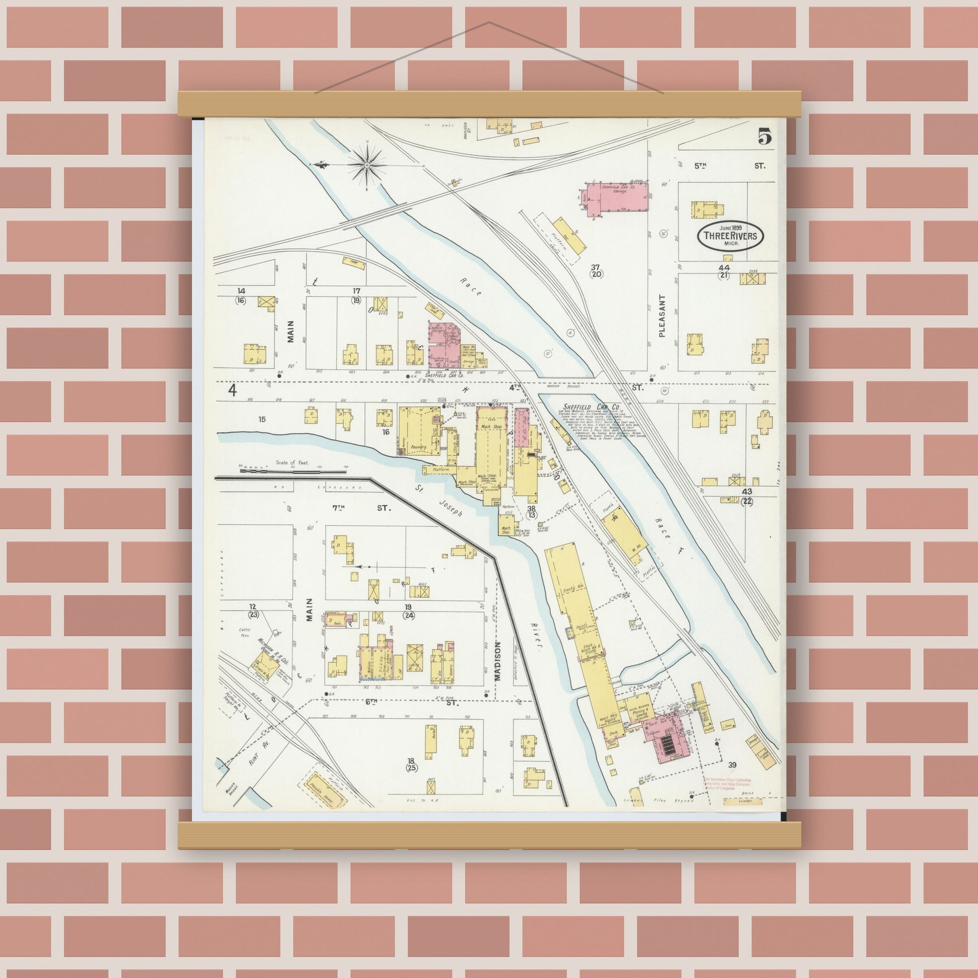 Old map wall art mockup — magnetic wood frame on brick wall — Sanborn Fire Insurance Map from Three Rivers, Saint Joseph County, Michigan (1899), Sheet #0005