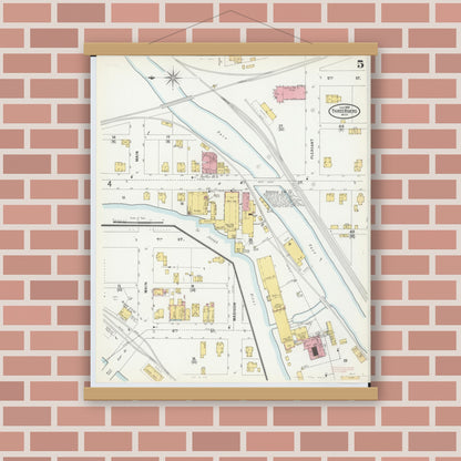 Old map wall art mockup — magnetic wood frame on brick wall — Sanborn Fire Insurance Map from Three Rivers, Saint Joseph County, Michigan (1899), Sheet #0005