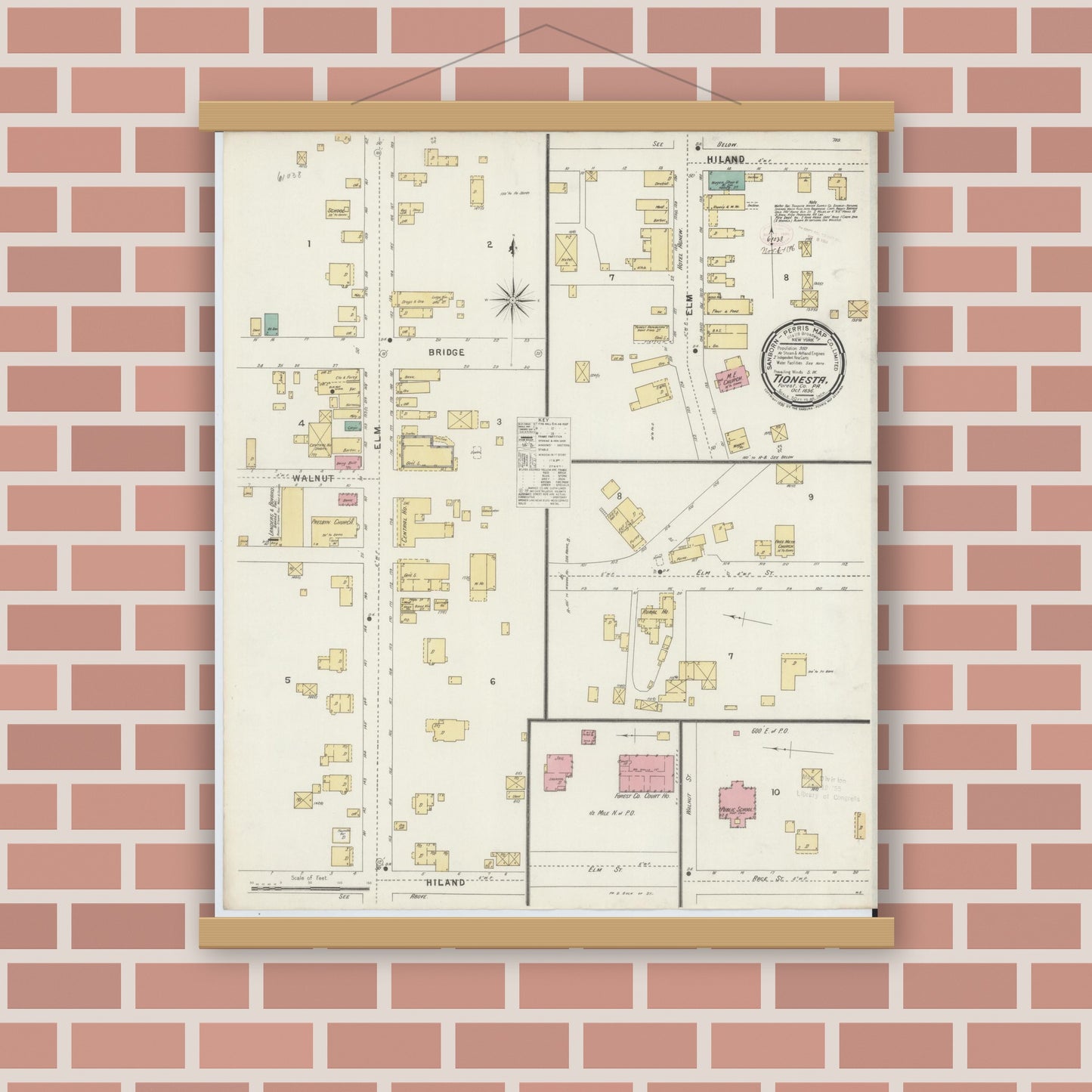 Old map wall art mockup — magnetic wood frame on brick wall — Sanborn Fire Insurance Map from Tionesta, Forest County, Pennsylvania (1896), Sheet #0001