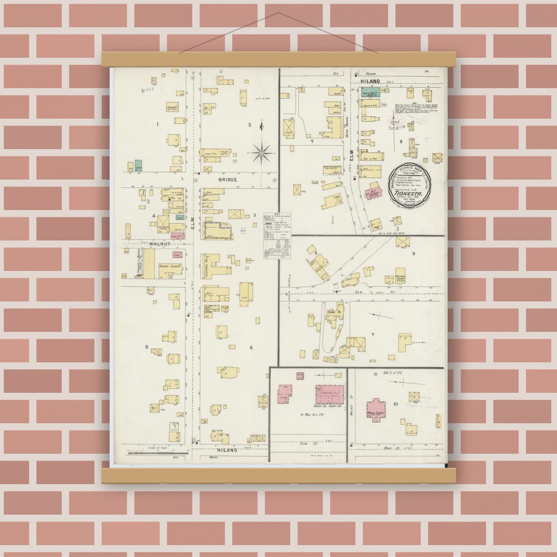 Old map wall art mockup — magnetic wood frame on brick wall — Sanborn Fire Insurance Map from Tionesta, Forest County, Pennsylvania (1896), Sheet #0001