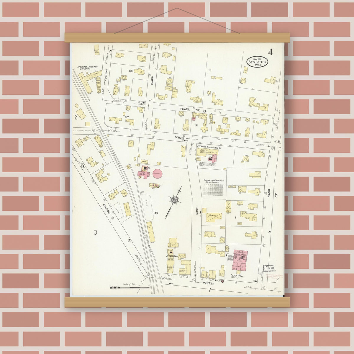 Old map wall art mockup — magnetic wood frame on brick wall — Sanborn Fire Insurance Map from Stoughton, Norfolk County, Massachusetts (1912), Sheet #0004