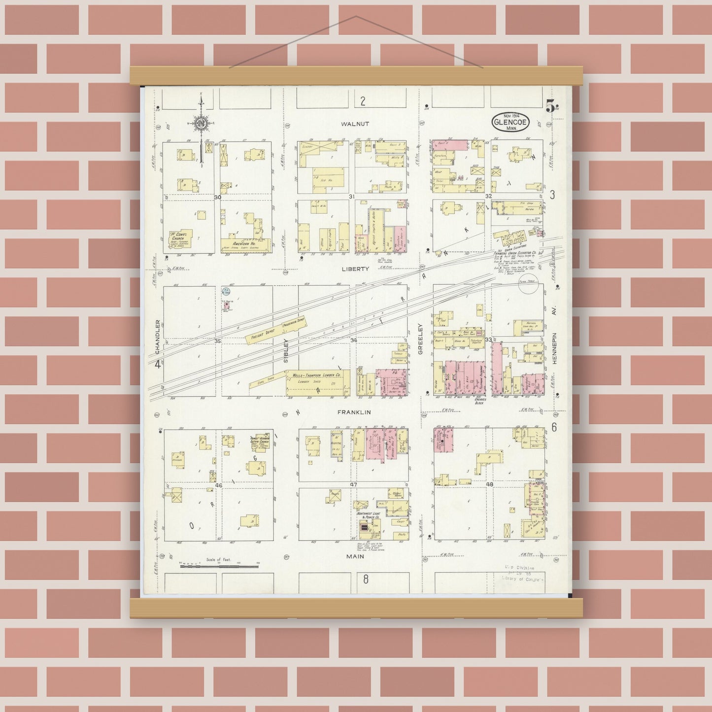 Old map wall art mockup — magnetic wood frame on brick wall — Sanborn Fire Insurance Map from Glencoe, Mcleod County, Minnesota (1914), Sheet #0005