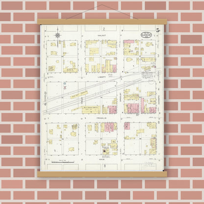 Old map wall art mockup — magnetic wood frame on brick wall — Sanborn Fire Insurance Map from Glencoe, Mcleod County, Minnesota (1914), Sheet #0005