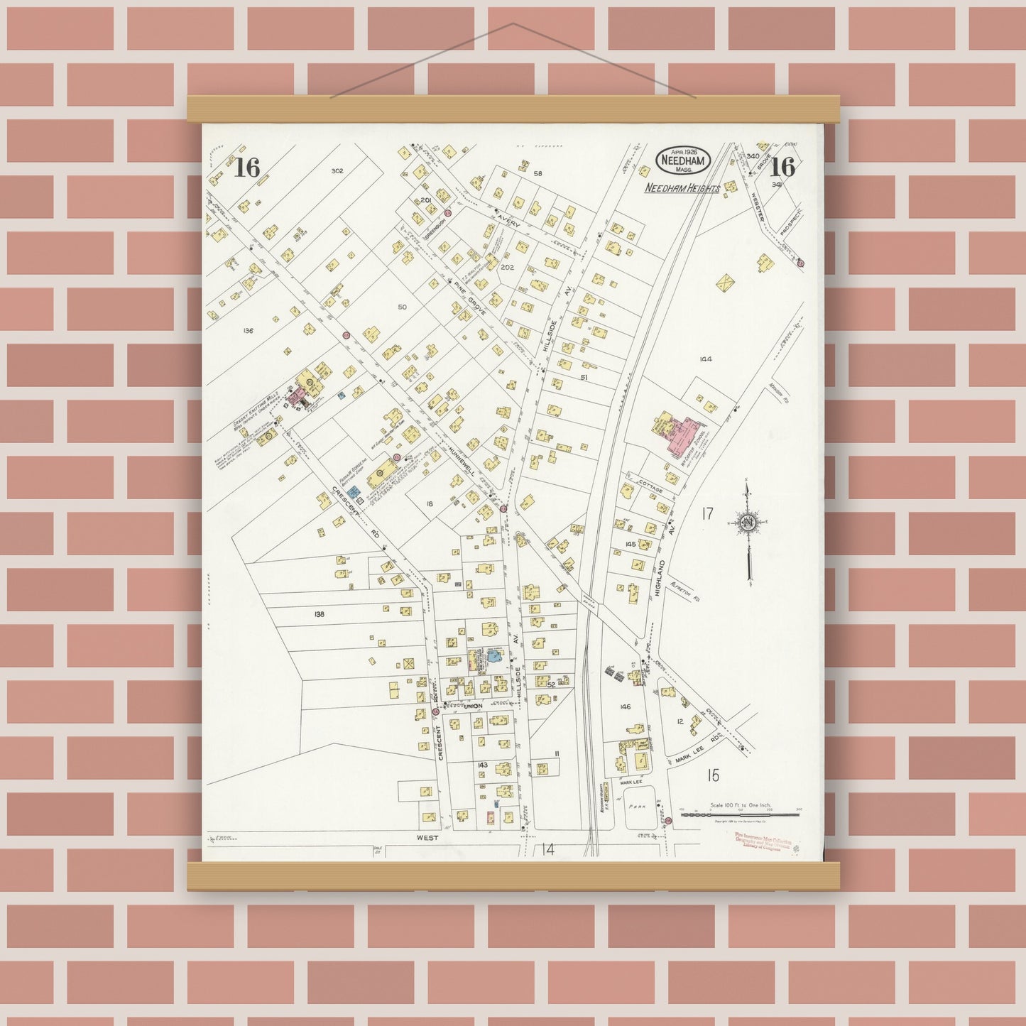 Old map wall art mockup — magnetic wood frame on brick wall — Sanborn Fire Insurance Map from Needham, Norfolk County, Massachusetts (1926), Sheet #0016