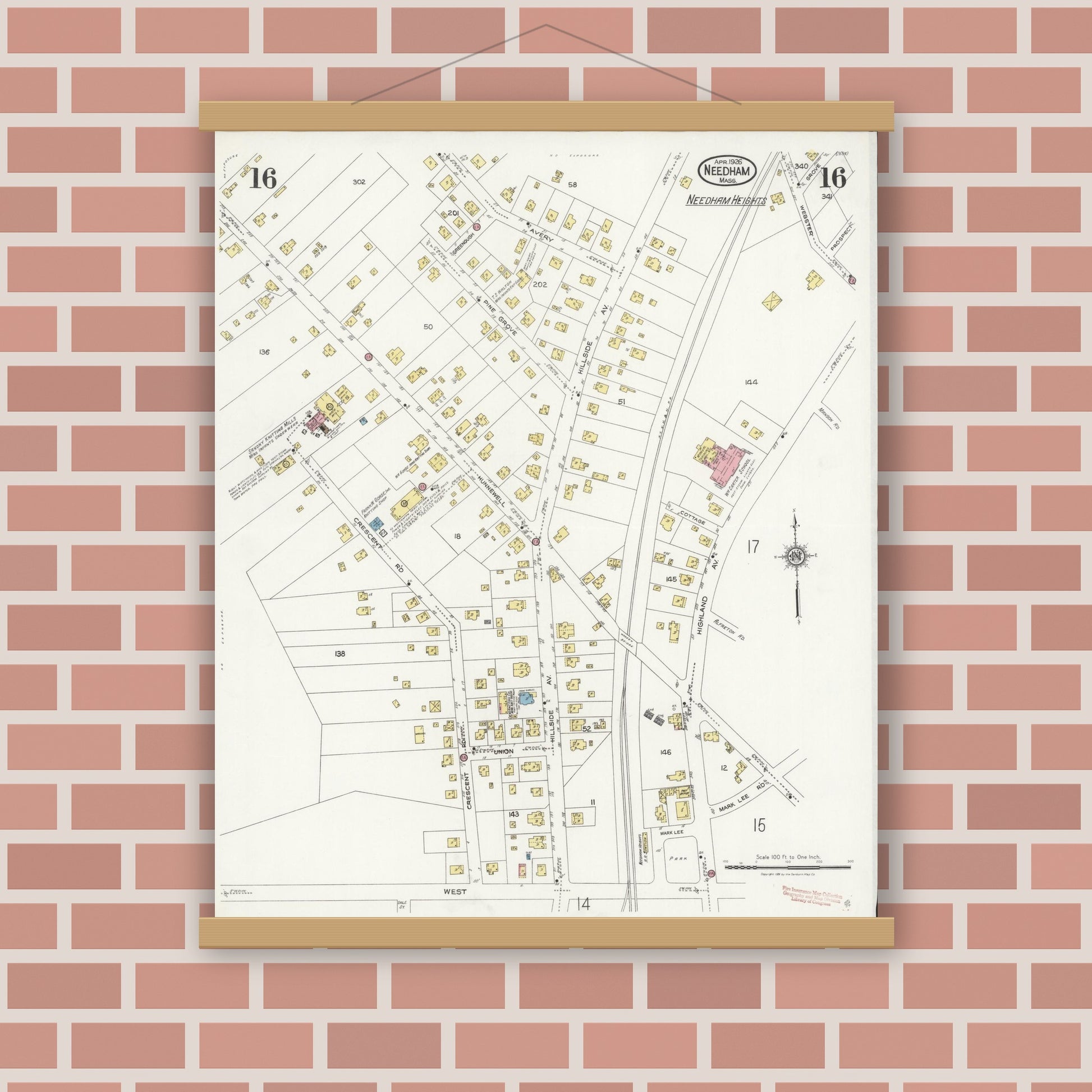 Old map wall art mockup — magnetic wood frame on brick wall — Sanborn Fire Insurance Map from Needham, Norfolk County, Massachusetts (1926), Sheet #0016