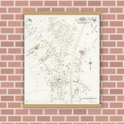 Old map wall art mockup — magnetic wood frame on brick wall — Sanborn Fire Insurance Map from Needham, Norfolk County, Massachusetts (1926), Sheet #0016
