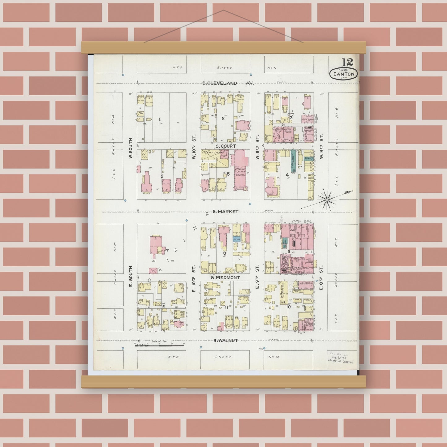 Old map wall art mockup — magnetic wood frame on brick wall — Sanborn Fire Insurance Map from Canton, Stark County, Ohio (1891), Sheet #0012