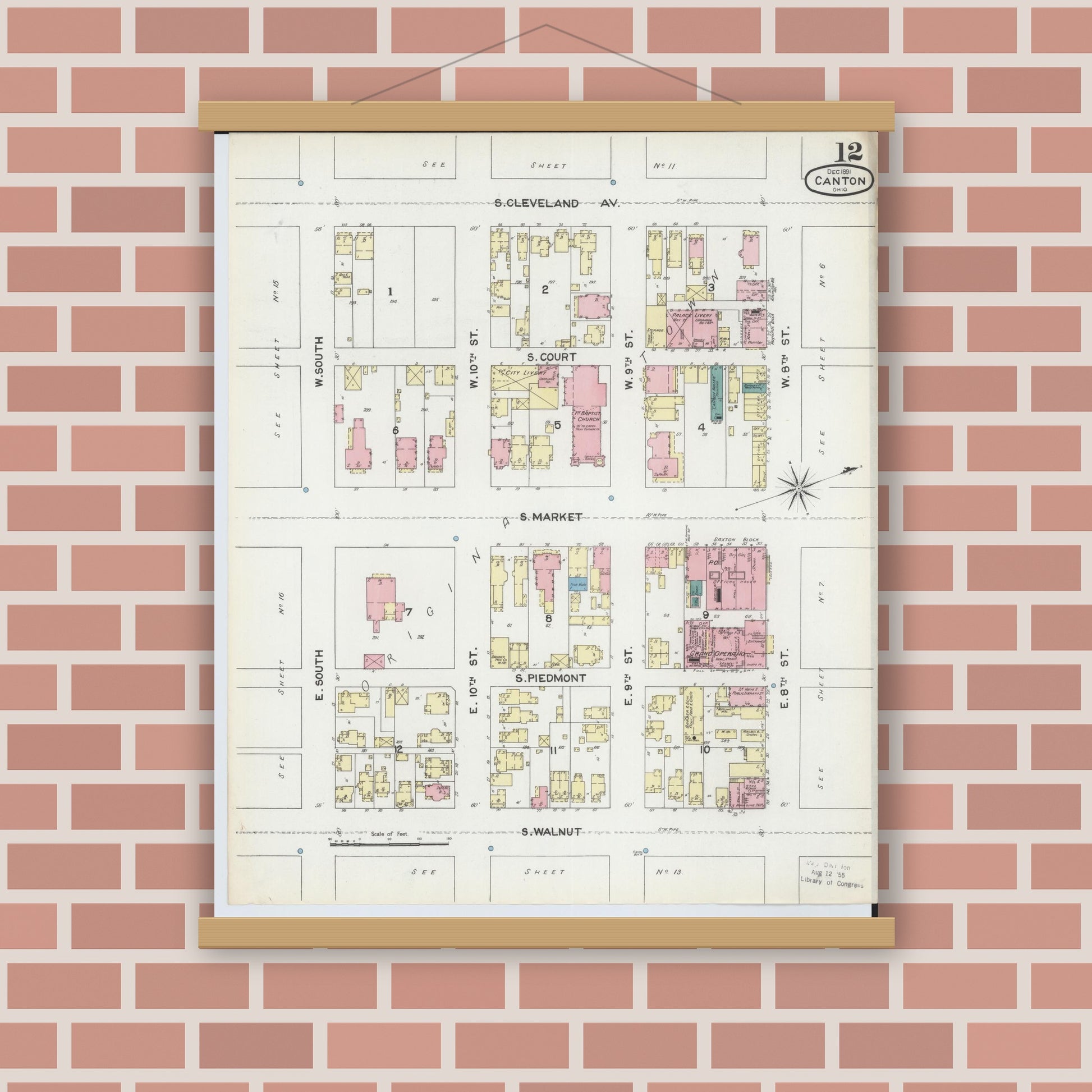 Old map wall art mockup — magnetic wood frame on brick wall — Sanborn Fire Insurance Map from Canton, Stark County, Ohio (1891), Sheet #0012