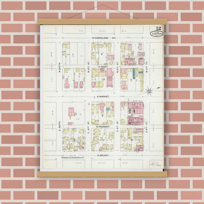 Old map wall art mockup — magnetic wood frame on brick wall — Sanborn Fire Insurance Map from Canton, Stark County, Ohio (1891), Sheet #0012