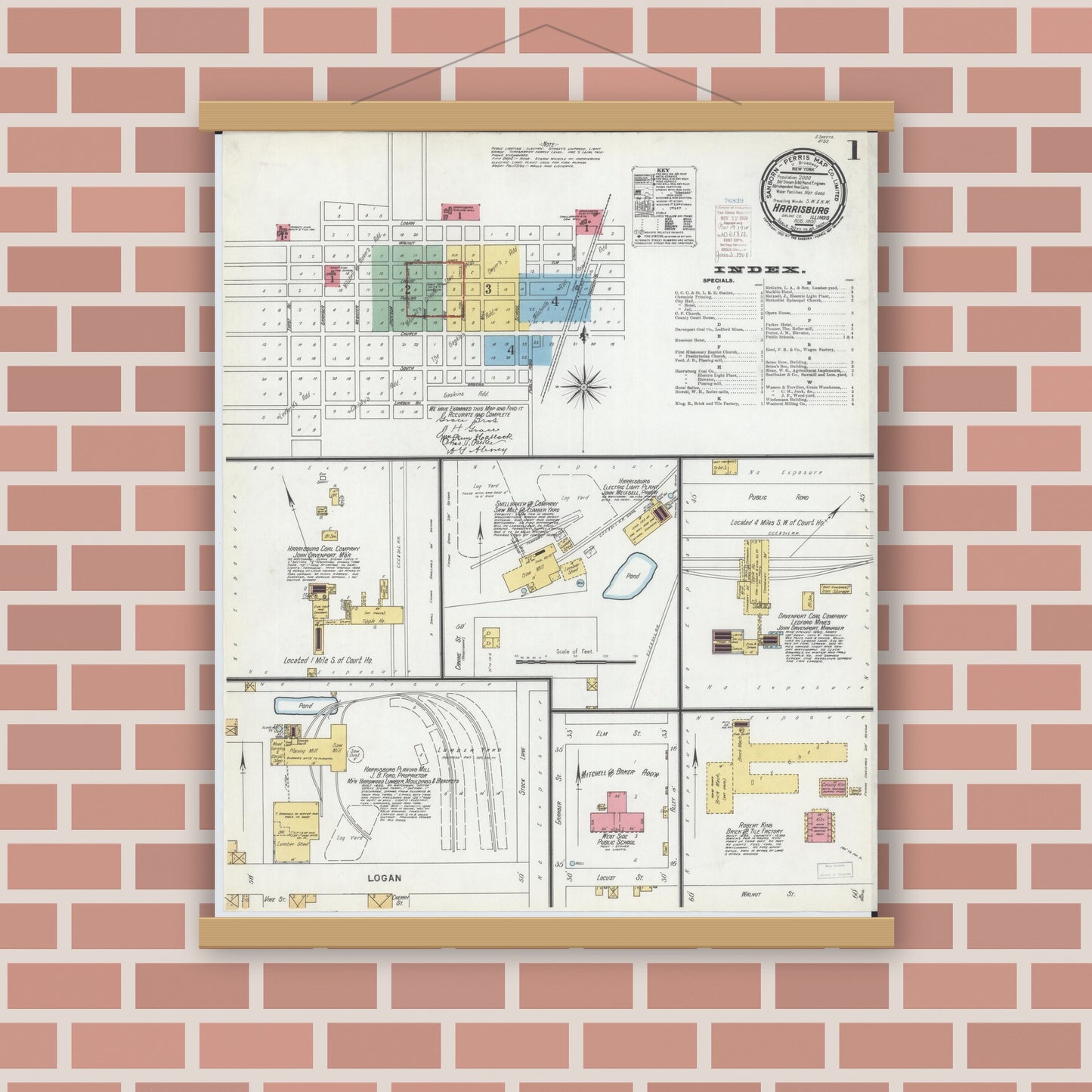 Old map wall art mockup — magnetic wood frame on brick wall — Sanborn Fire Insurance Map from Harrisburg, Saline County, Illinois (1900) - Complete Map Set