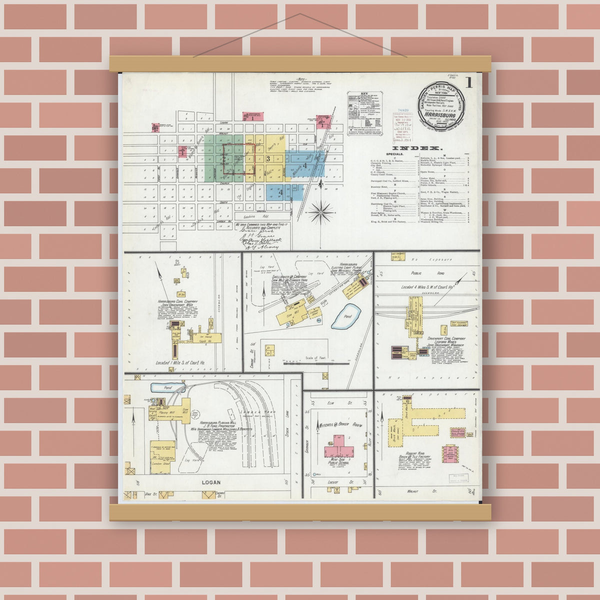 Old map wall art mockup — magnetic wood frame on brick wall — Sanborn Fire Insurance Map from Harrisburg, Saline County, Illinois (1900) - Complete Map Set