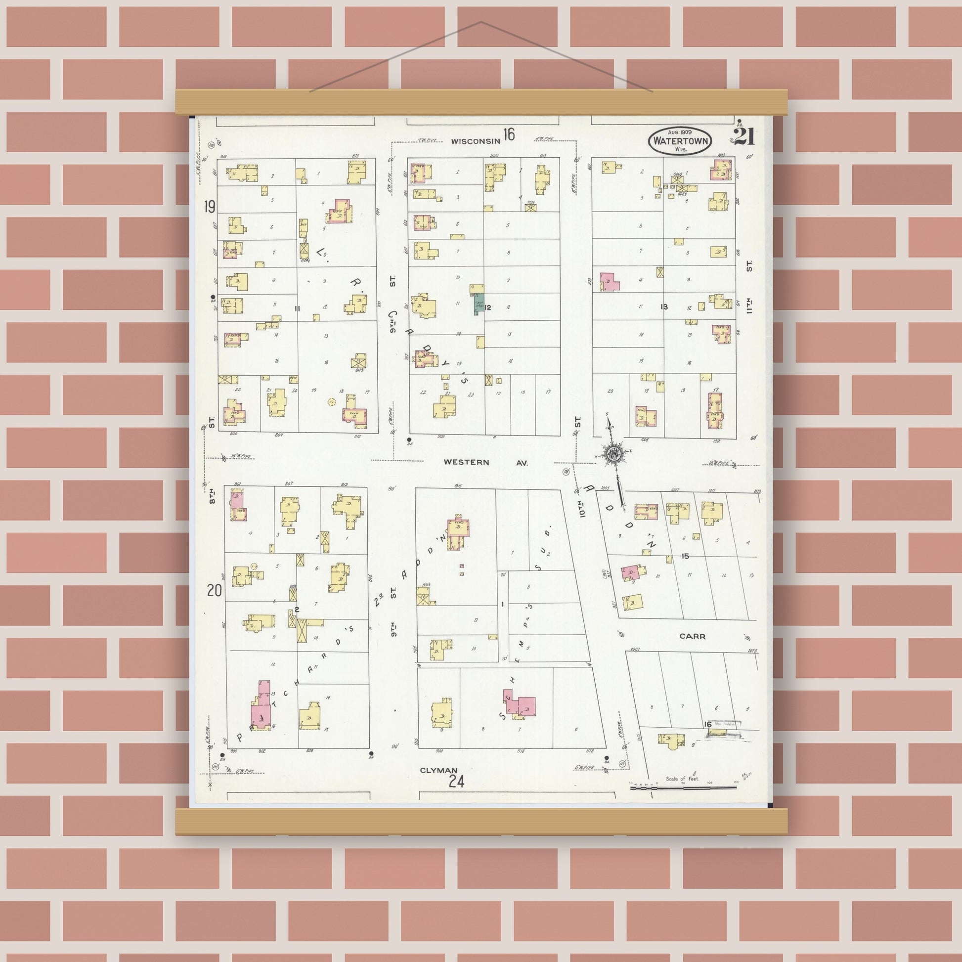 Old map wall art mockup — magnetic wood frame on brick wall — Sanborn Fire Insurance Map from Watertown, Jefferson County, Wisconsin (1909), Sheet #0021