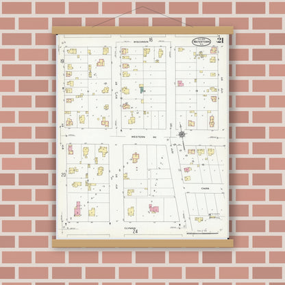 Old map wall art mockup — magnetic wood frame on brick wall — Sanborn Fire Insurance Map from Watertown, Jefferson County, Wisconsin (1909), Sheet #0021