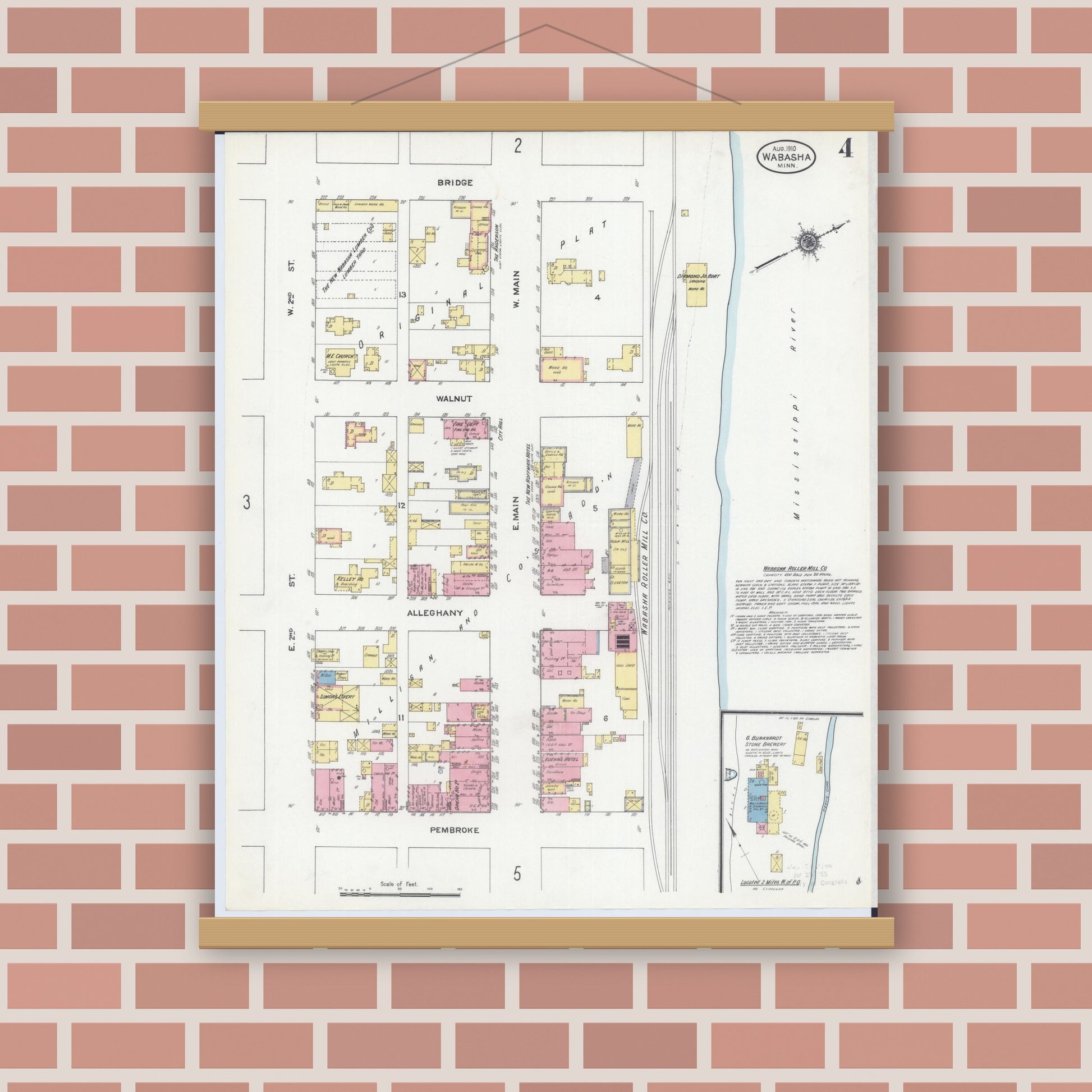 Old map wall art mockup — magnetic wood frame on brick wall — Sanborn Fire Insurance Map from Wabasha, Wabasha County, Minnesota (1910), Sheet #0004