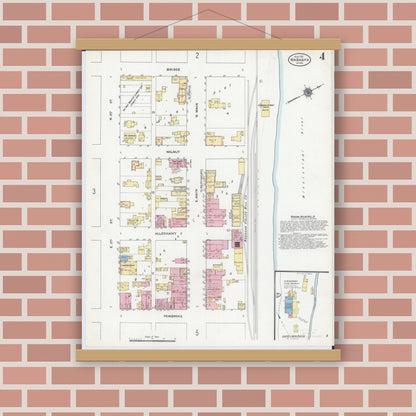 Old map wall art mockup — magnetic wood frame on brick wall — Sanborn Fire Insurance Map from Wabasha, Wabasha County, Minnesota (1910), Sheet #0004