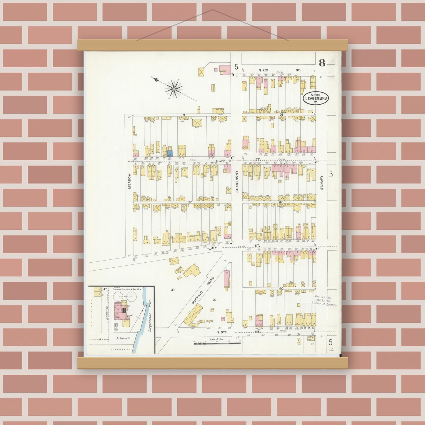 Old map wall art mockup — magnetic wood frame on brick wall — Sanborn Fire Insurance Map from Lewisburg, Union County, Pennsylvania (1906), Sheet #0008