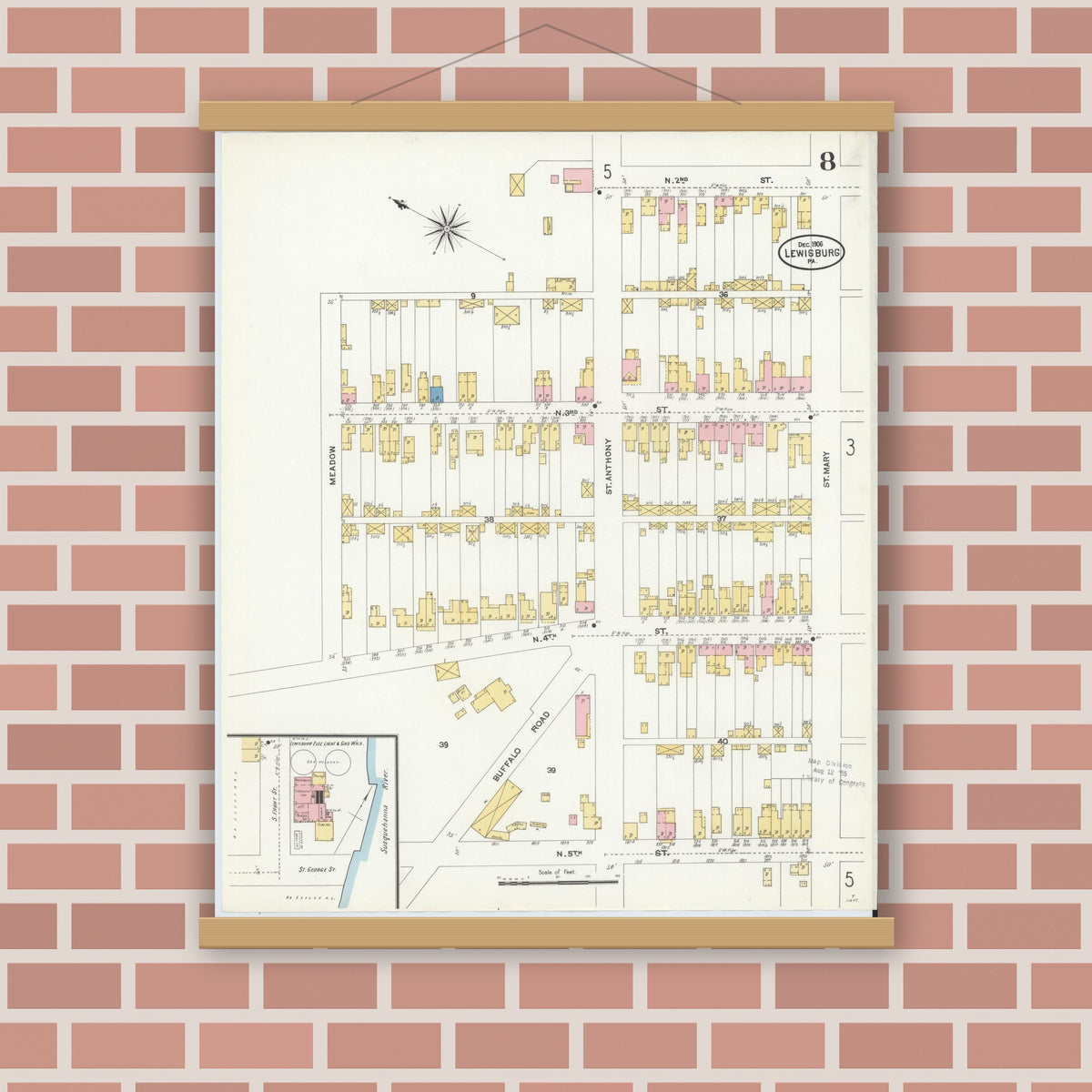 Old map wall art mockup — magnetic wood frame on brick wall — Sanborn Fire Insurance Map from Lewisburg, Union County, Pennsylvania (1906), Sheet #0008