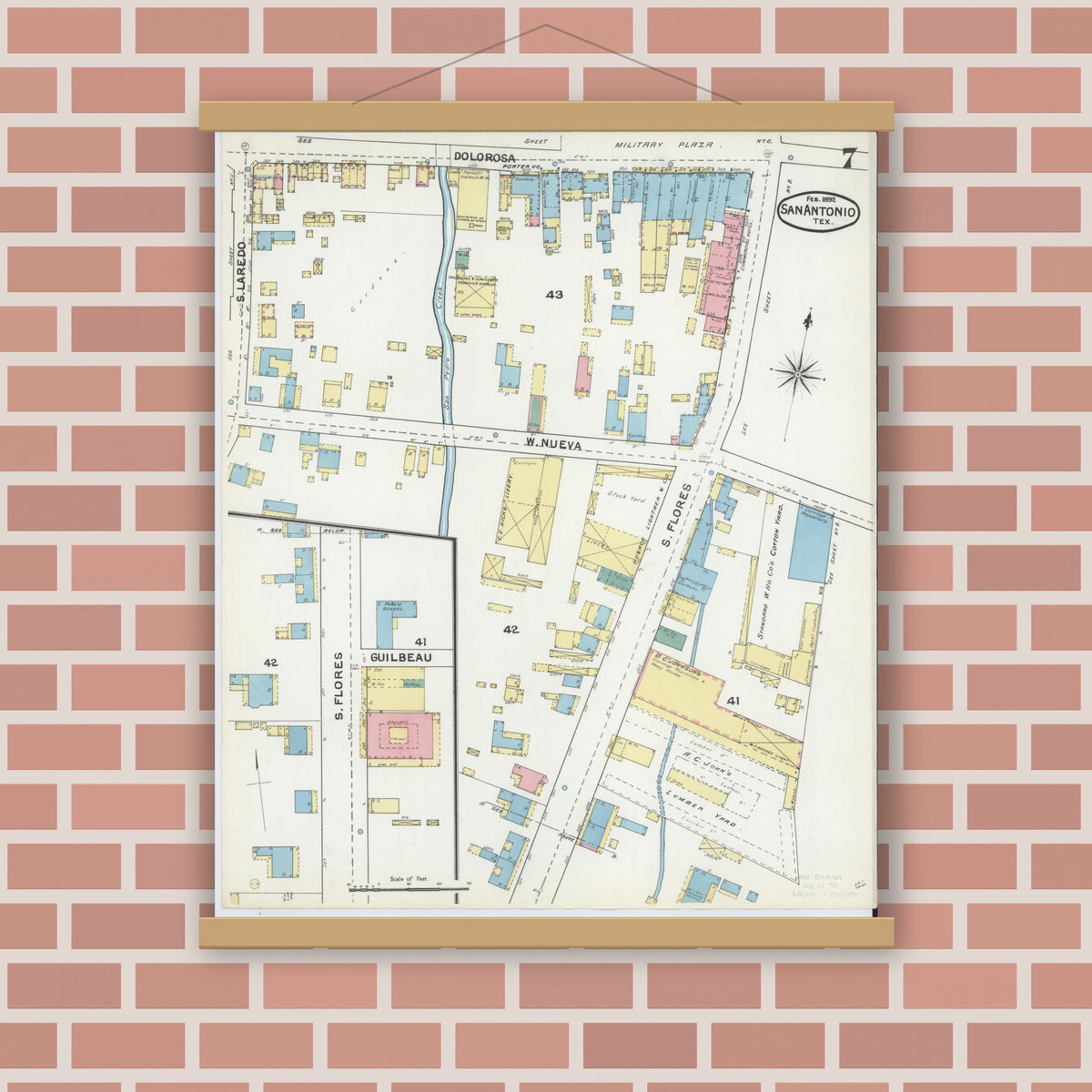 Old map wall art mockup — magnetic wood frame on brick wall — Sanborn Fire Insurance Map from San Antonio, Bexar County, Texas (1892), Sheet #0007