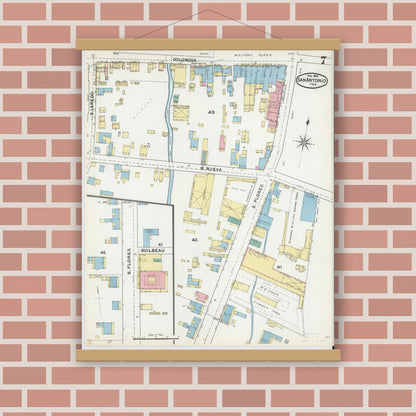 Old map wall art mockup — magnetic wood frame on brick wall — Sanborn Fire Insurance Map from San Antonio, Bexar County, Texas (1892), Sheet #0007