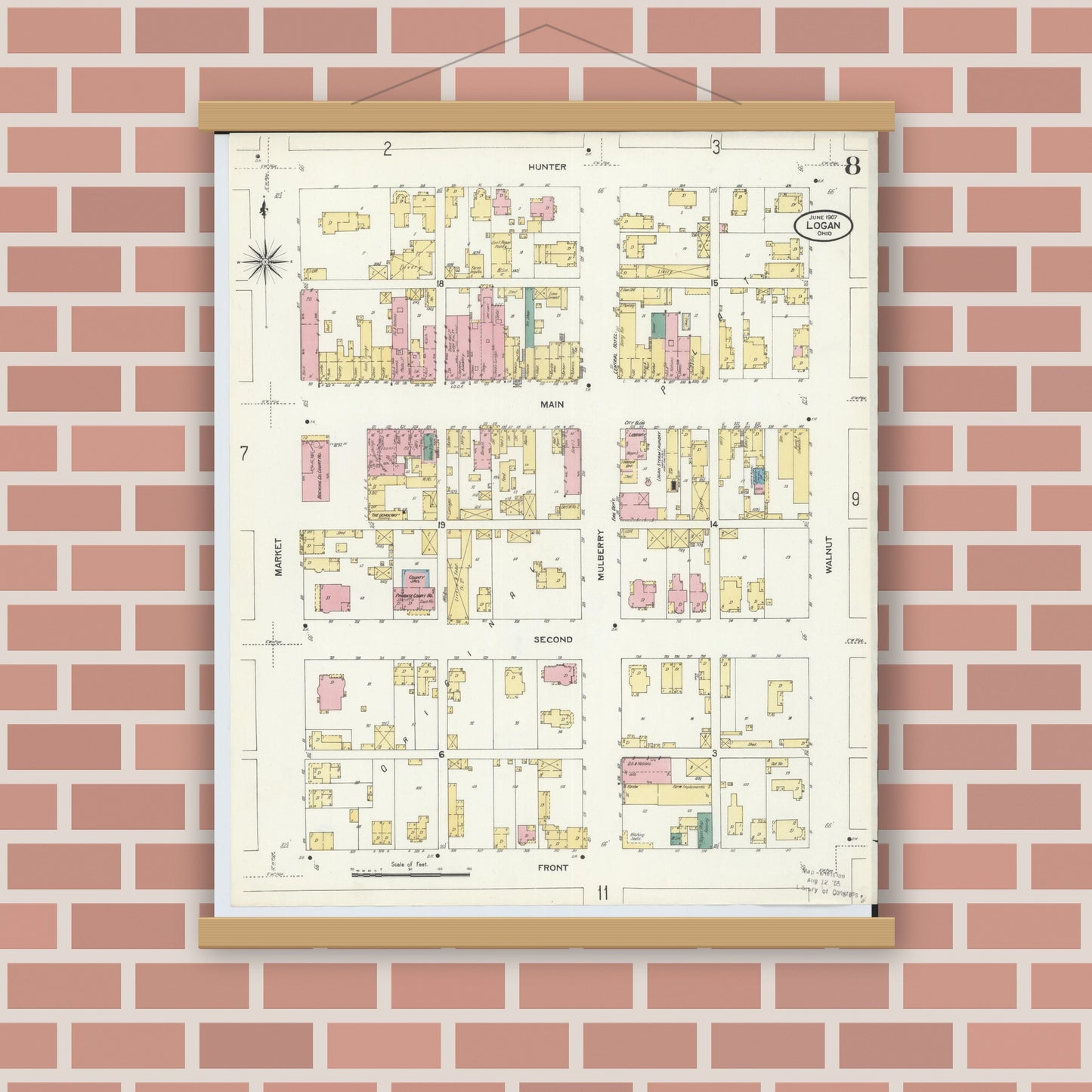Old map wall art mockup — magnetic wood frame on brick wall — Sanborn Fire Insurance Map from Logan, Hocking County, Ohio (1907), Sheet #0008