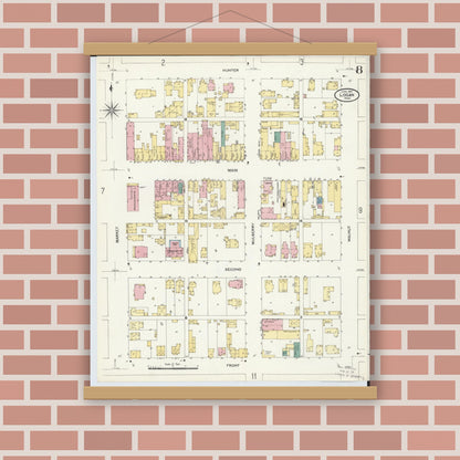 Old map wall art mockup — magnetic wood frame on brick wall — Sanborn Fire Insurance Map from Logan, Hocking County, Ohio (1907), Sheet #0008
