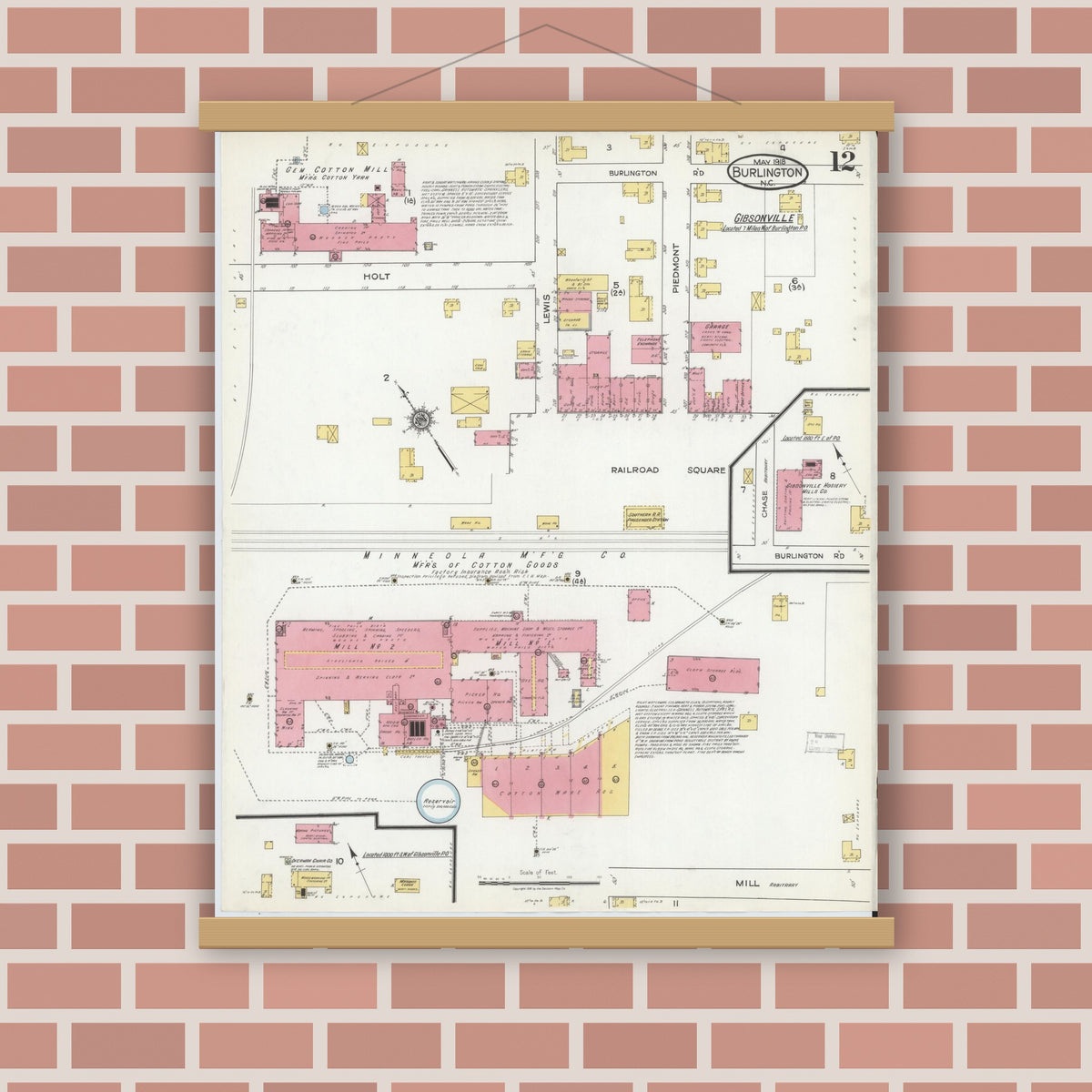 Old map wall art mockup — magnetic wood frame on brick wall — Sanborn Fire Insurance Map from Burlington, Alamance County, North Carolina (1918), Sheet #0012