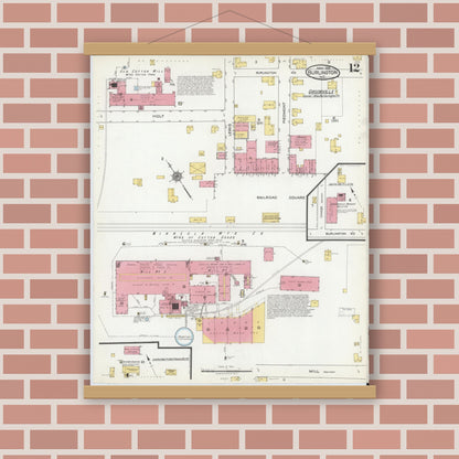 Old map wall art mockup — magnetic wood frame on brick wall — Sanborn Fire Insurance Map from Burlington, Alamance County, North Carolina (1918), Sheet #0012