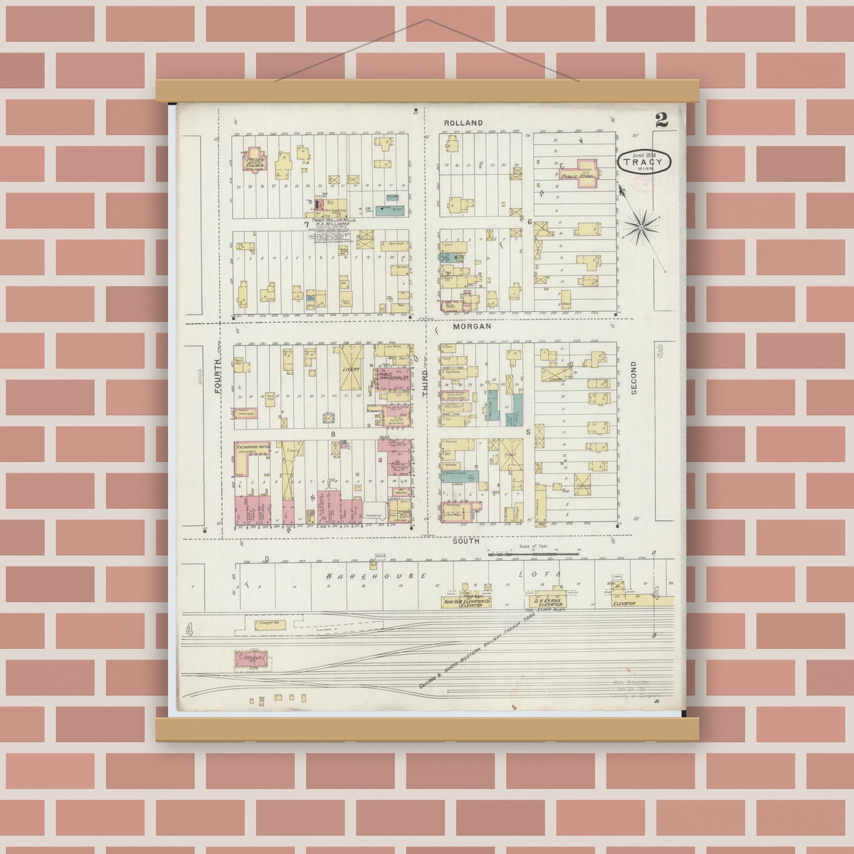 Old map wall art mockup — magnetic wood frame on brick wall — Sanborn Fire Insurance Map from Tracy, Lyon County, Minnesota (1894), Sheet #0002