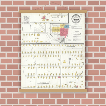 Old map wall art mockup — magnetic wood frame on brick wall — Sanborn Fire Insurance Map from Draper, Rockingham County, North Carolina (1921), Sheet #0001