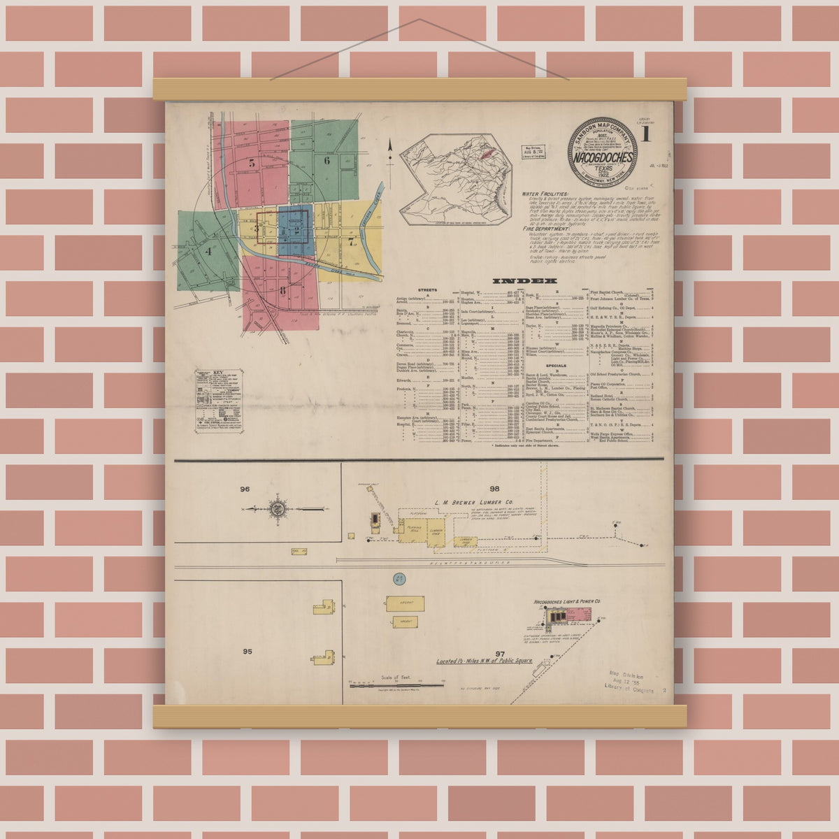 Old map wall art mockup — magnetic wood frame on brick wall — Sanborn Fire Insurance Map from Nacogdoches, Nacogdoches County, Texas (1922) - Complete Map Set