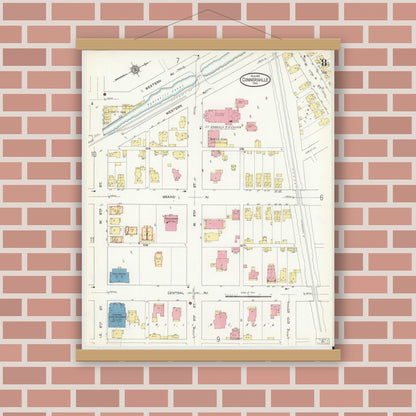 Old map wall art mockup — magnetic wood frame on brick wall — Sanborn Fire Insurance Map from Connersville, Fayette County, Indiana (1913), Sheet #0008