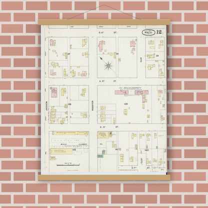 Old map wall art mockup — magnetic wood frame on brick wall — Sanborn Fire Insurance Map from Waco, McLennan County, Texas (1889), Sheet #0012