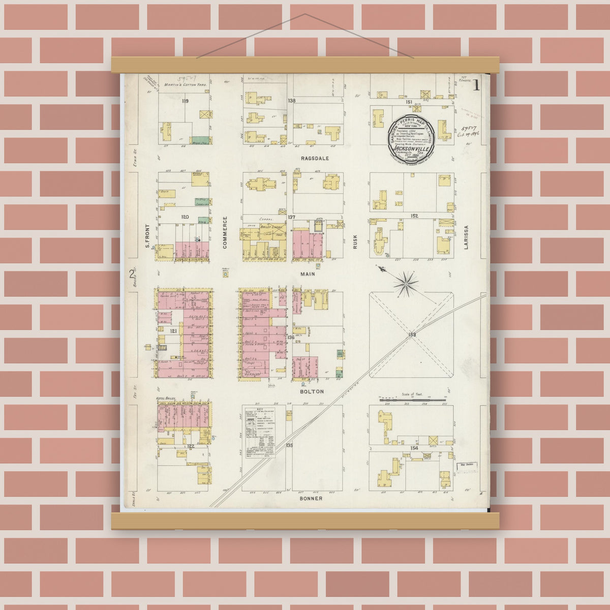 Old map wall art mockup — magnetic wood frame on brick wall — Sanborn Fire Insurance Map from Jacksonville, Cherokee County, Texas (1896) - Complete Map Set