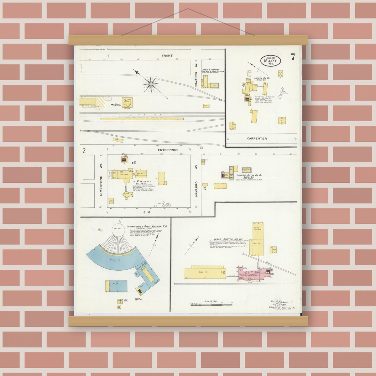Old map wall art mockup — magnetic wood frame on brick wall — Sanborn Fire Insurance Map from Mart, McLennan County, Texas (1909), Sheet #0007