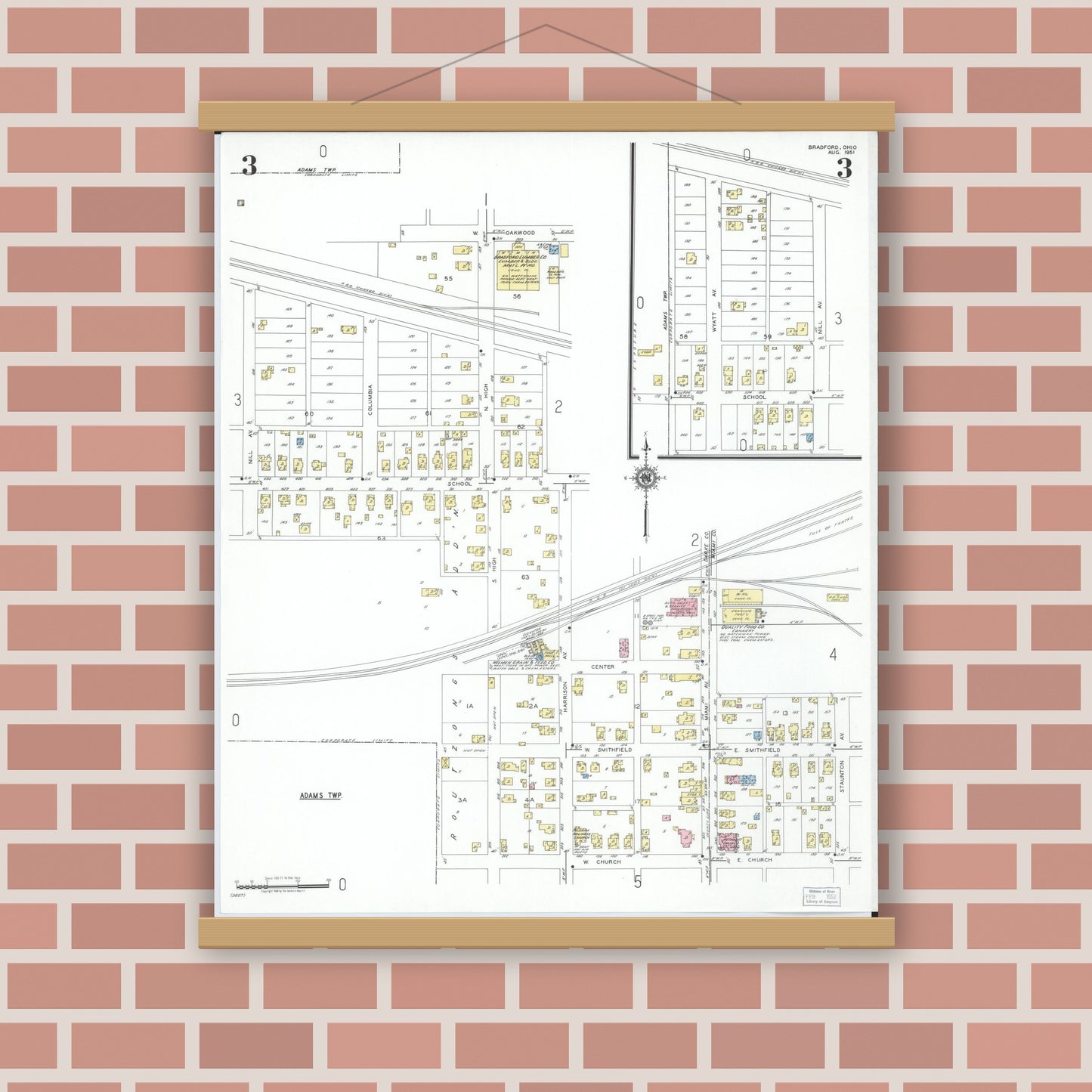Old map wall art mockup — magnetic wood frame on brick wall — Sanborn Fire Insurance Map from Bradford, Darke and Miami Counties, Ohio (1951), Sheet #0003
