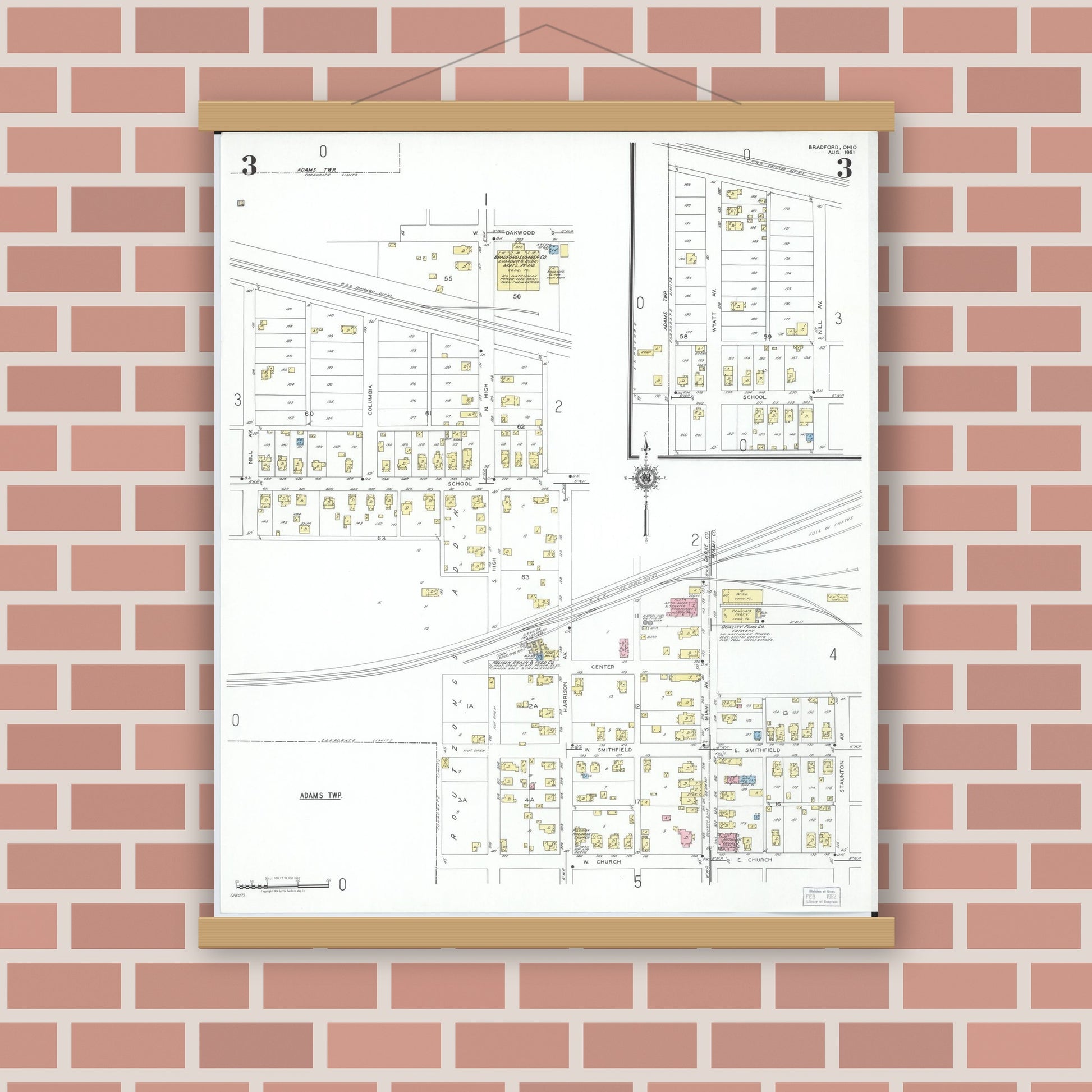 Old map wall art mockup — magnetic wood frame on brick wall — Sanborn Fire Insurance Map from Bradford, Darke and Miami Counties, Ohio (1951), Sheet #0003