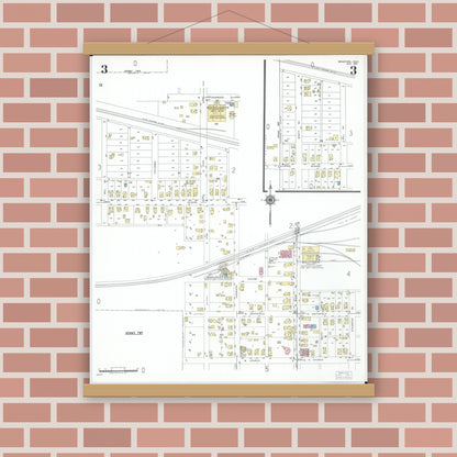 Old map wall art mockup — magnetic wood frame on brick wall — Sanborn Fire Insurance Map from Bradford, Darke and Miami Counties, Ohio (1951), Sheet #0003