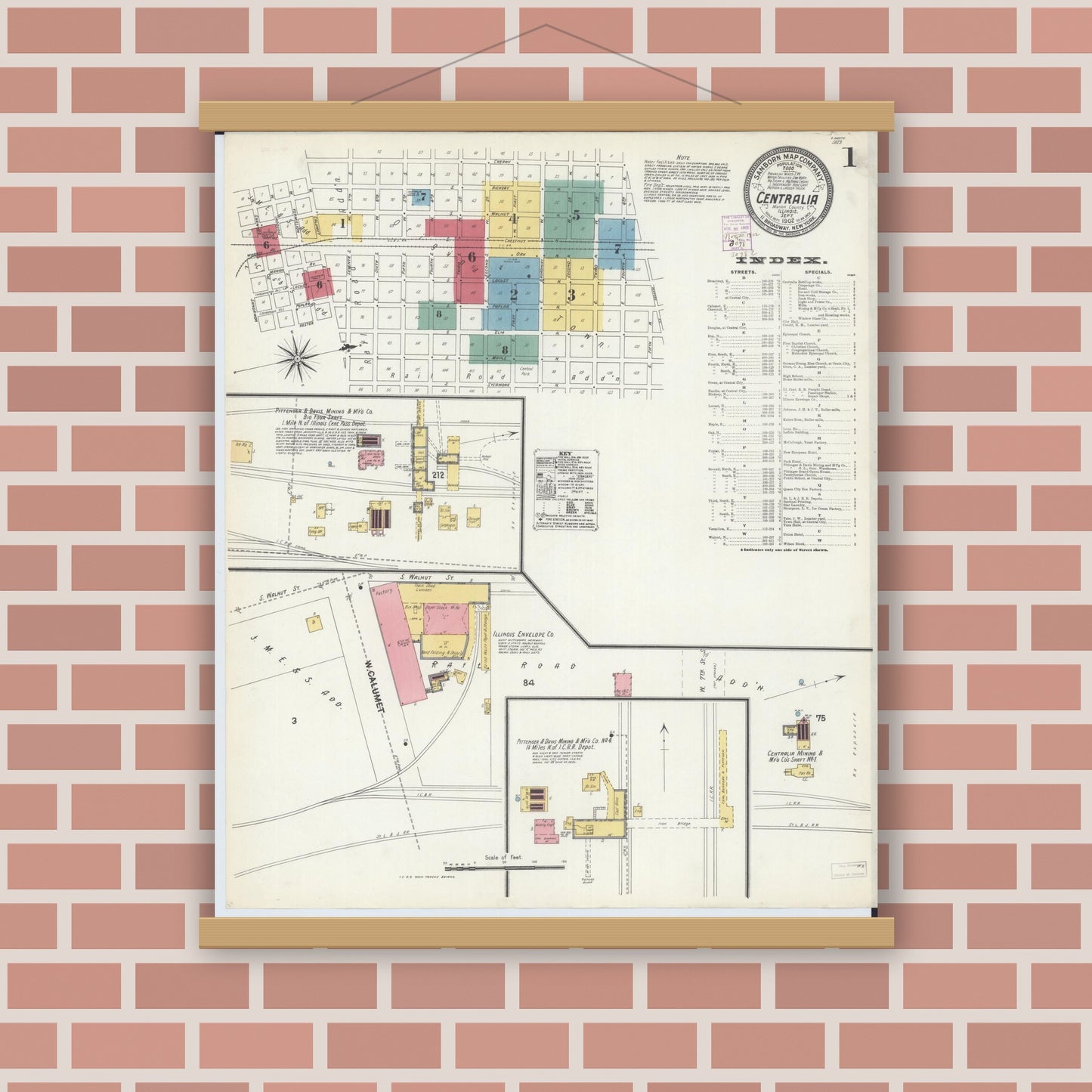 Old map wall art mockup — magnetic wood frame on brick wall — Sanborn Fire Insurance Map from Centralia, Marion, Clinton, Jefferson, and Washington Counties, Illinois (1902) - Complete Map Set