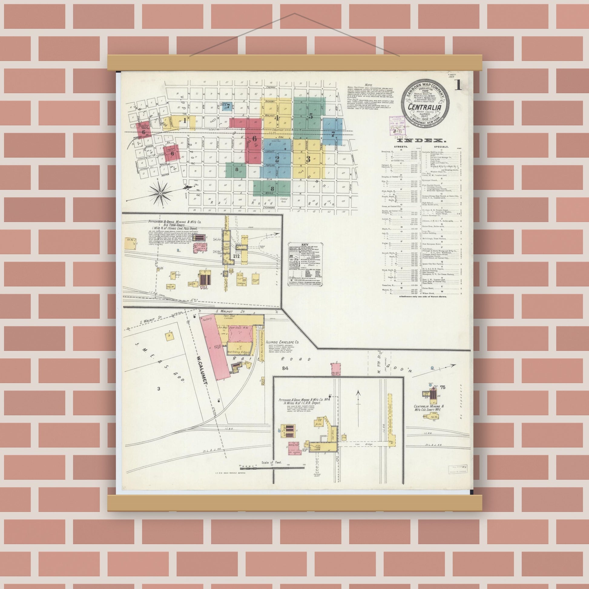 Old map wall art mockup — magnetic wood frame on brick wall — Sanborn Fire Insurance Map from Centralia, Marion, Clinton, Jefferson, and Washington Counties, Illinois (1902) - Complete Map Set