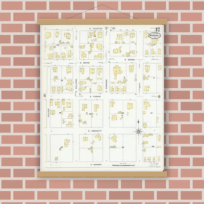 Old map wall art mockup — magnetic wood frame on brick wall — Sanborn Fire Insurance Map from Marshall, Harrison County, Texas (1909), Sheet #0017
