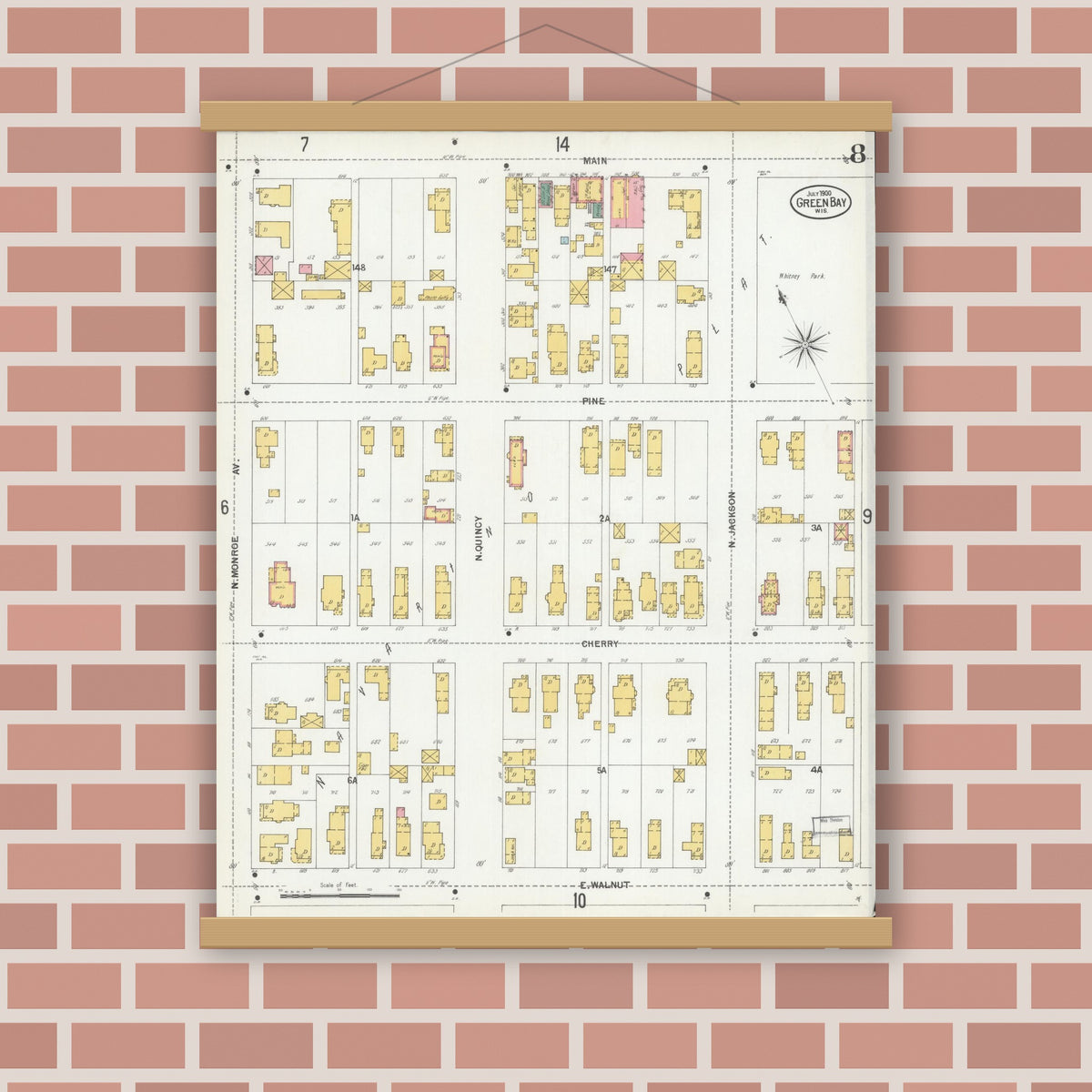 Old map wall art mockup — magnetic wood frame on brick wall — Sanborn Fire Insurance Map from Green Bay, Brown County, Wisconsin (1900), Sheet #0008