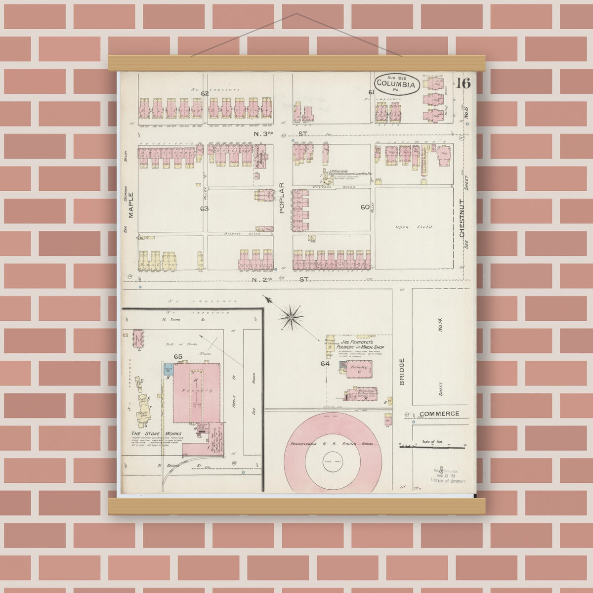 Old map wall art mockup — magnetic wood frame on brick wall — Sanborn Fire Insurance Map from Columbia, Lancaster County, Pennsylvania (1886), Sheet #0016