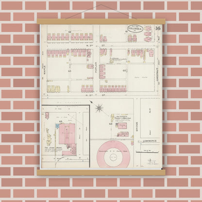 Old map wall art mockup — magnetic wood frame on brick wall — Sanborn Fire Insurance Map from Columbia, Lancaster County, Pennsylvania (1886), Sheet #0016