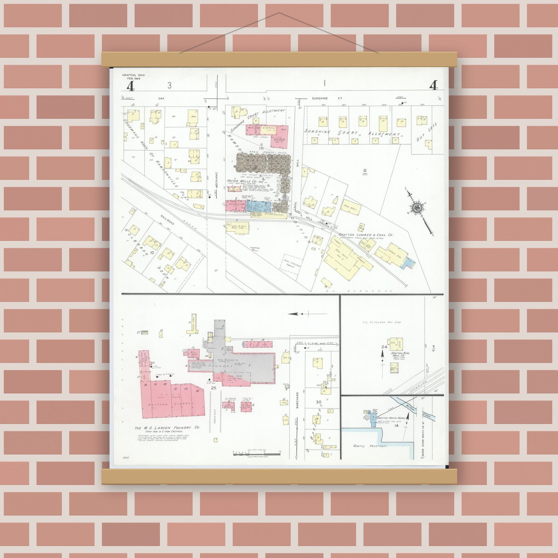 Old map wall art mockup — magnetic wood frame on brick wall — Sanborn Fire Insurance Map from Grafton, Lorain County, Ohio (1946), Sheet #0004