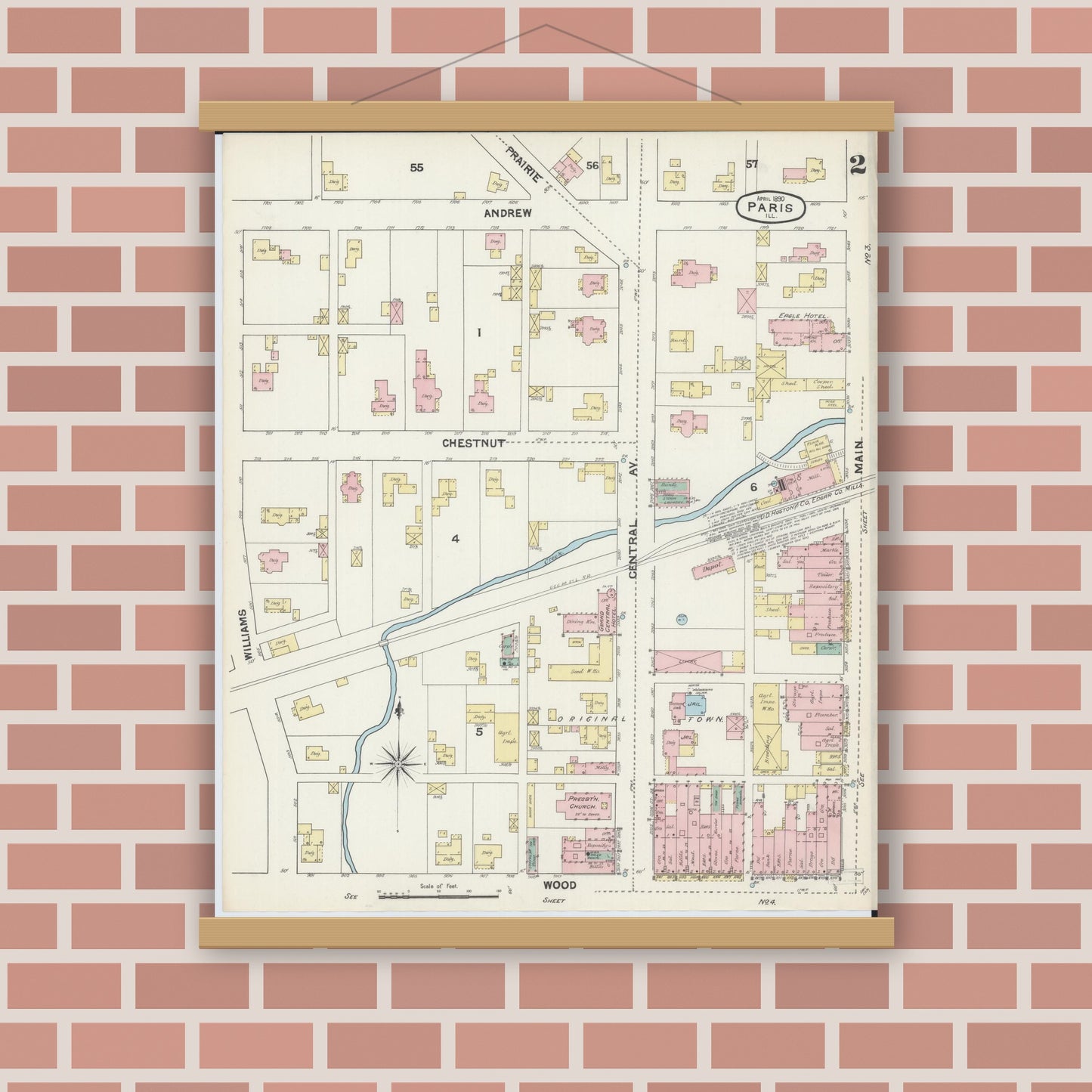 Old map wall art mockup — magnetic wood frame on brick wall — Sanborn Fire Insurance Map from Paris, Edgar County, Illinois (1890), Sheet #0002