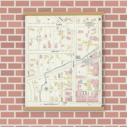 Old map wall art mockup — magnetic wood frame on brick wall — Sanborn Fire Insurance Map from Paris, Edgar County, Illinois (1890), Sheet #0002