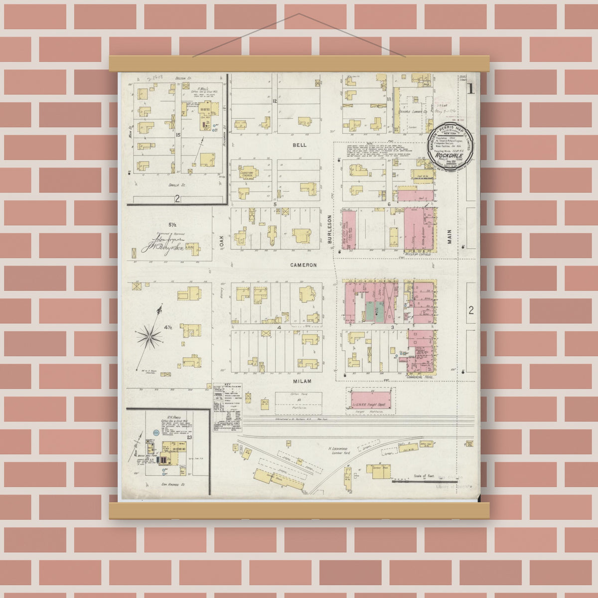Old map wall art mockup — magnetic wood frame on brick wall — Sanborn Fire Insurance Map from Rockdale, Milam County, Texas (1896), Sheet #0001
