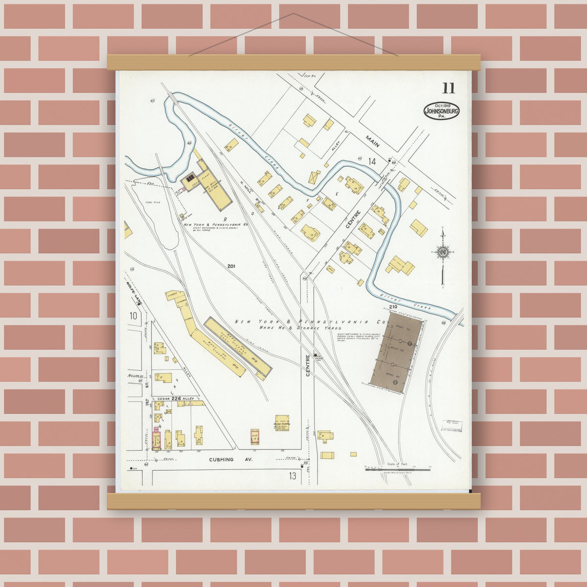 Old map wall art mockup — magnetic wood frame on brick wall — Sanborn Fire Insurance Map from Johnsonburg, Elk County, Pennsylvania (1919), Sheet #0011